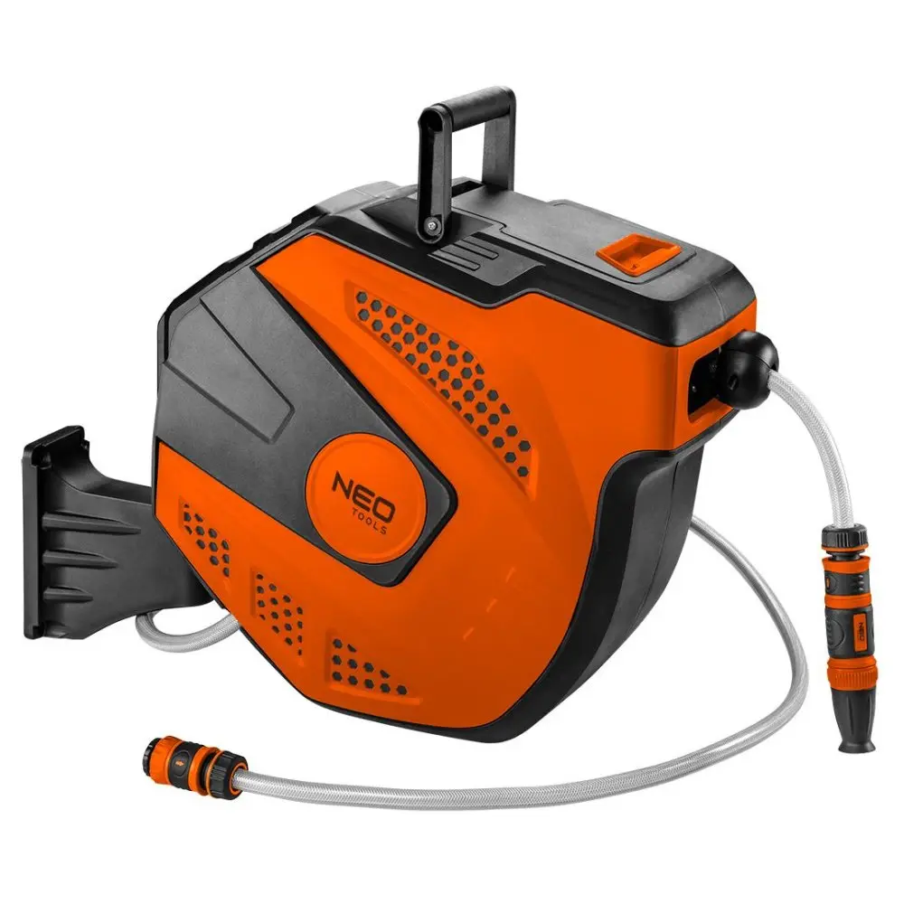 NEO TOOLS box s navijákem včetně zahradní hadice, 20+2m, 10bar, oranžovo-černý, 15-891