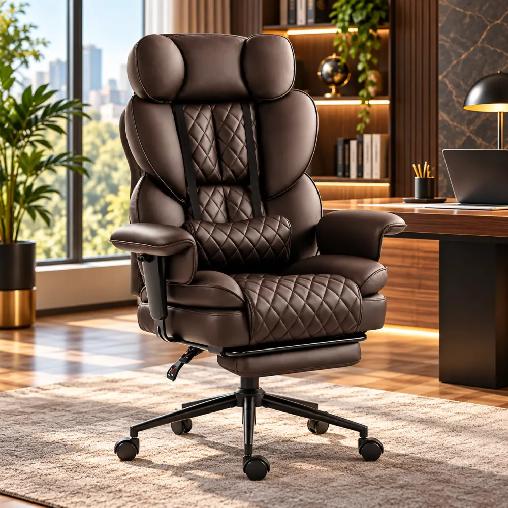 Luxusní ergonomické kancelářské křeslo HC-1037 s podnožkou – hnědá ekokůže