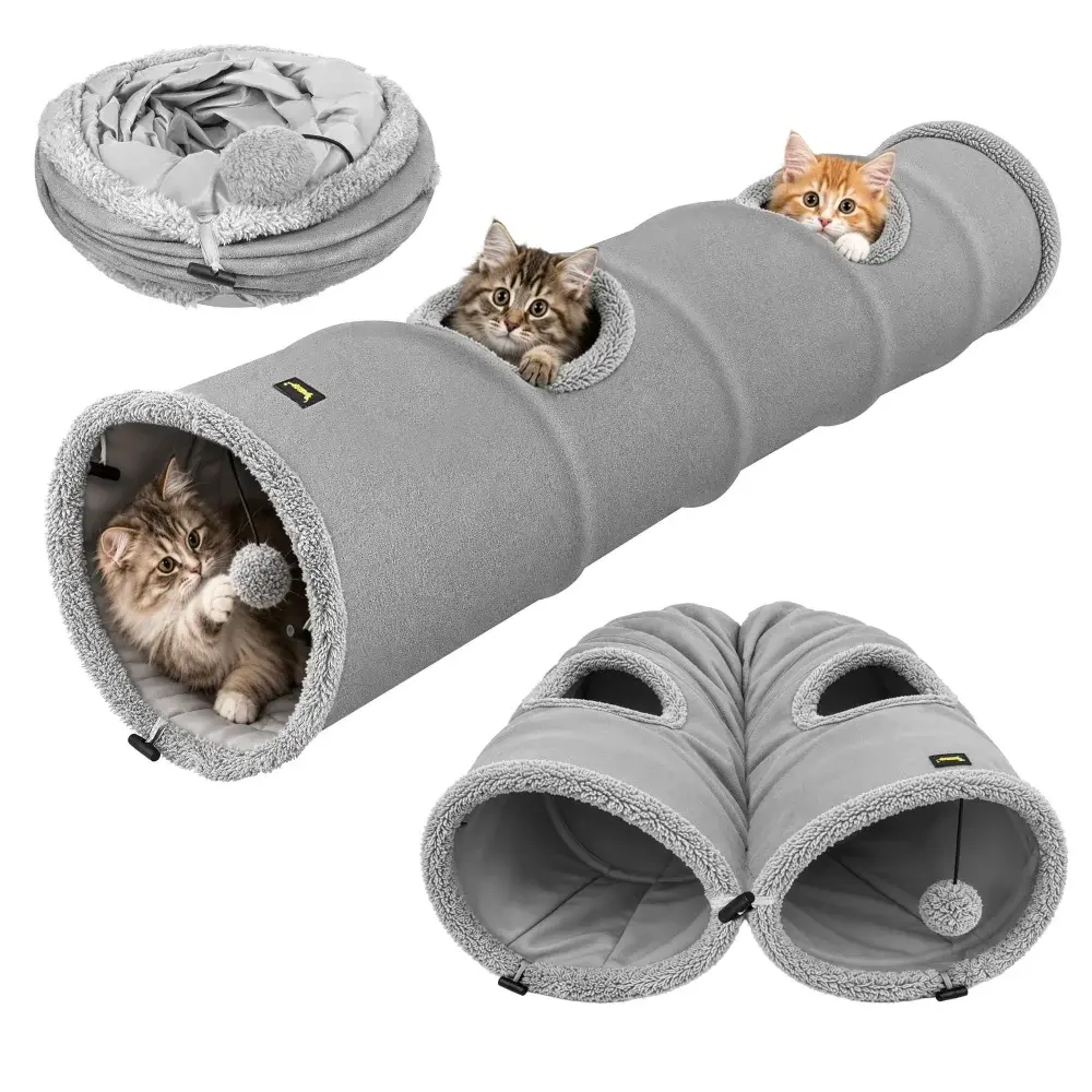 Šedý tunel pro kočky s míčkem – 120 x 25 cm