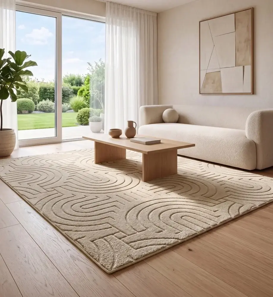 Moderní béžový koberec DFH57-2 s reliéfním geometrickým vzorem Šířka: