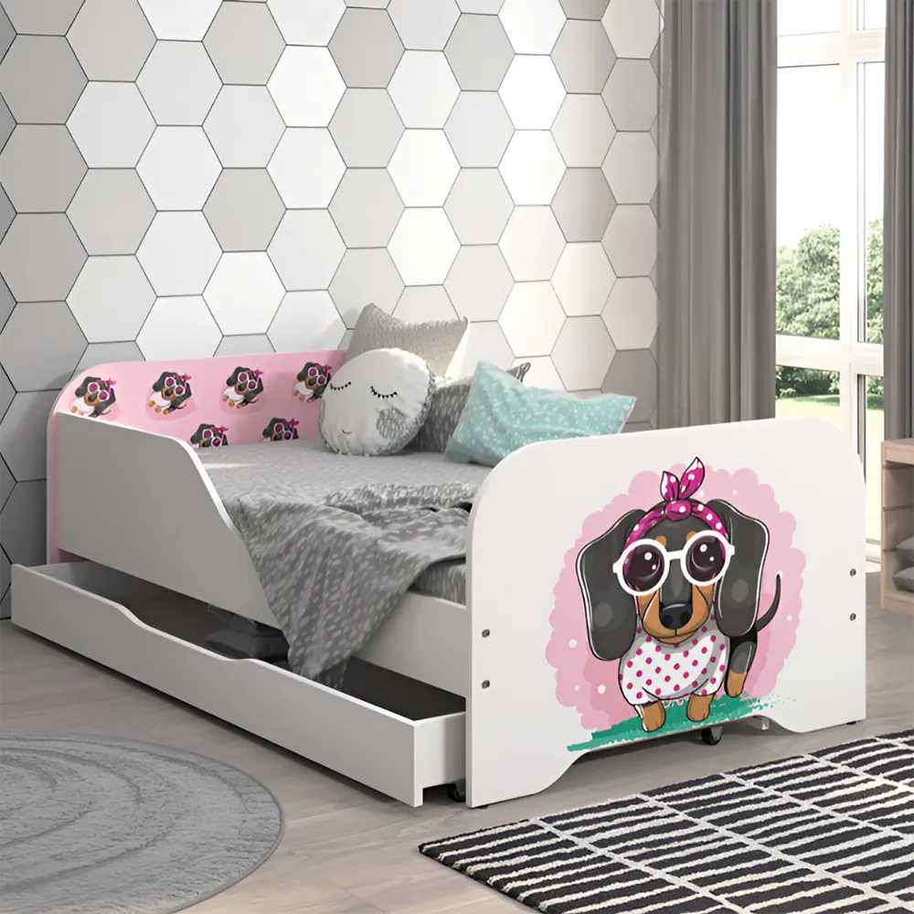 Kompletní dětská postel 160 x 80 cm s matrací a roštem - růžový jezevčík