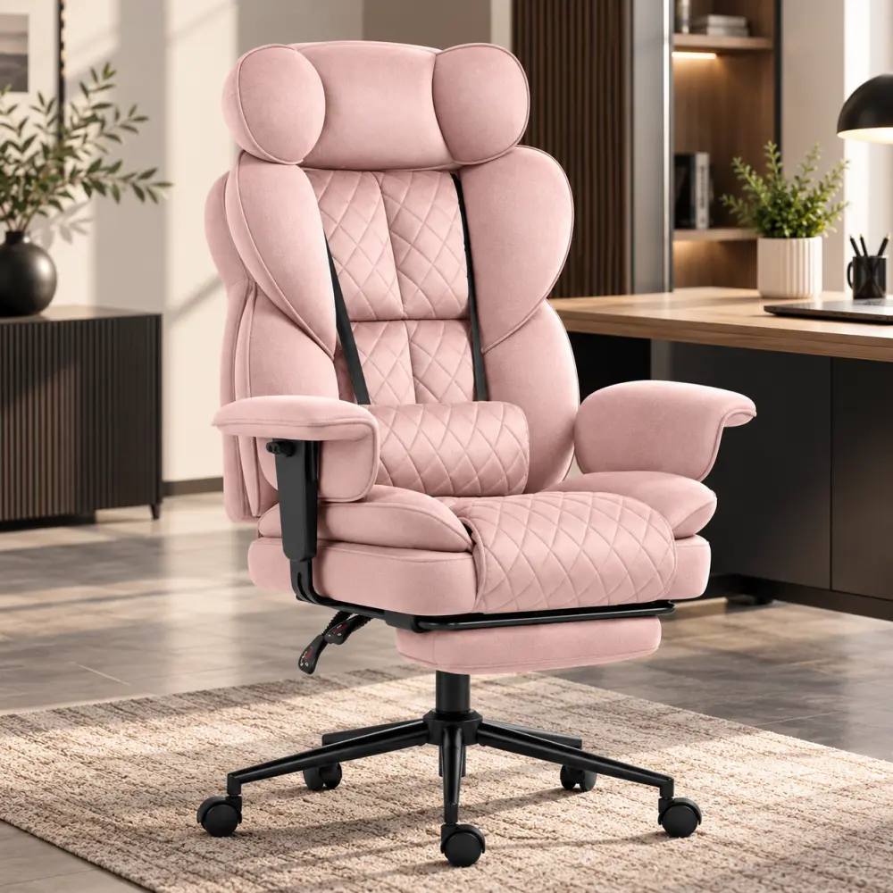 Ergonomická kancelářská židle HC-1037 s opěrkou nohou – růžová sametová látka