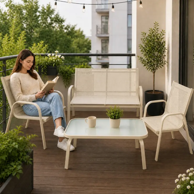 Zahradní sestava nábytku pro 4 osoby – pohovka, 2 křesla a stůl se skleněnou deskou