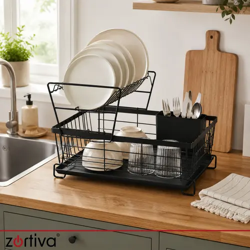 Dvoupatrový odkapávač na nádobí s držákem na příbory – 43 cm