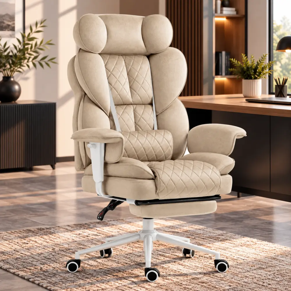 Ergonomické kancelářské křeslo HC-1037 s podnožkou – krémová sametová látka