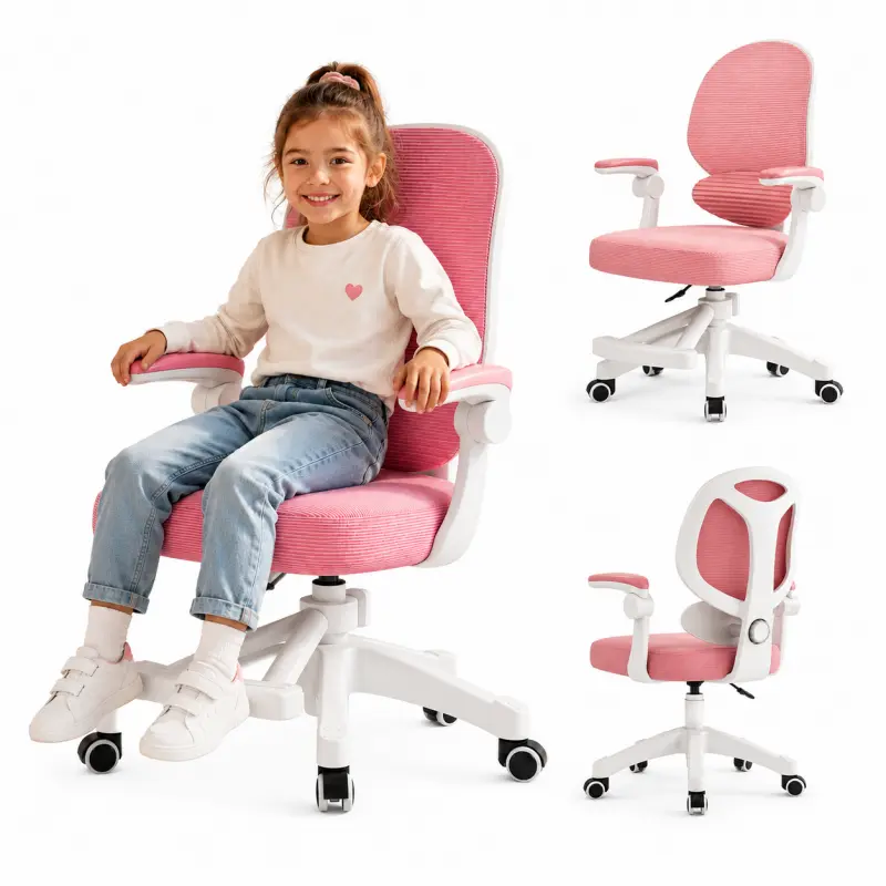 Ergonomická otočná dětská herní židle na kolečkách Růžová