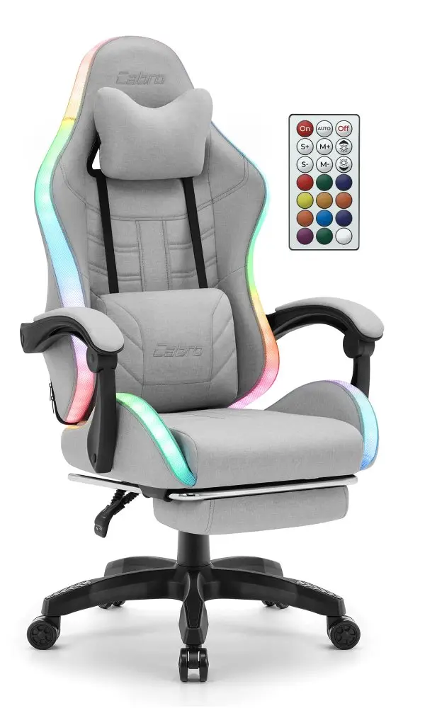 Herní židle CABRO C501 s LED osvětlením a opěrkou nohou, nosnost do 150 kg, šedá