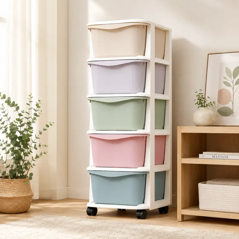 Plastový regál s 5 pastelovými zásuvkami na kolečkách – úložný organizér, 98 cm