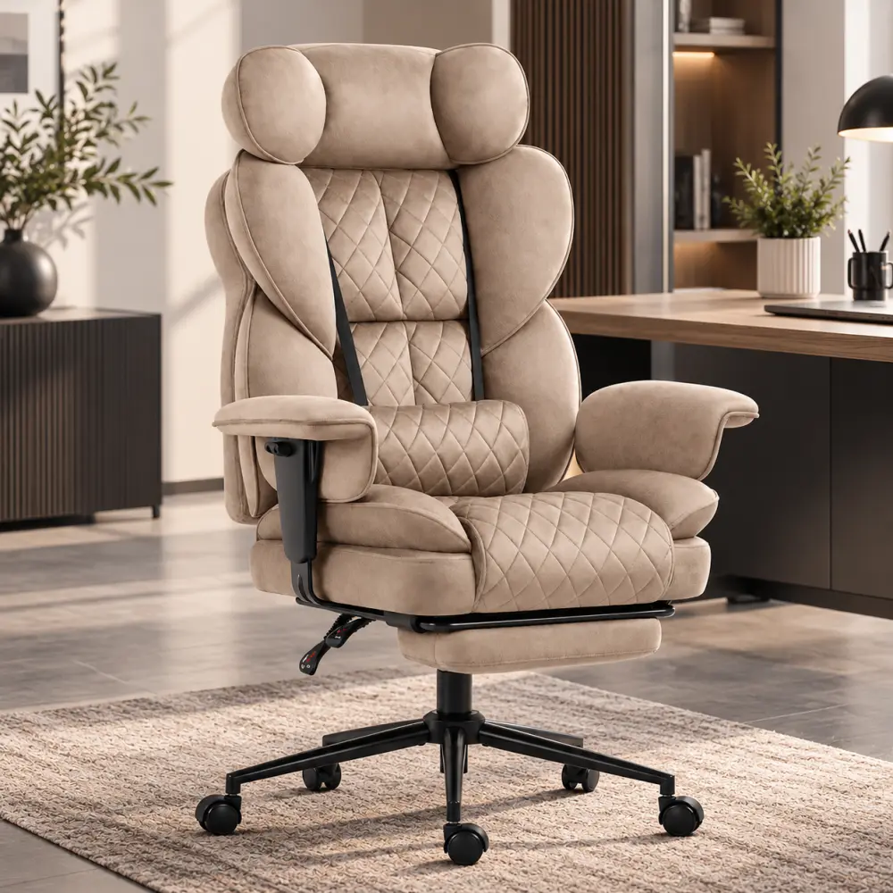 Ergonomická kancelářská židle HC-1037 s opěrkou nohou – béžová sametová látka