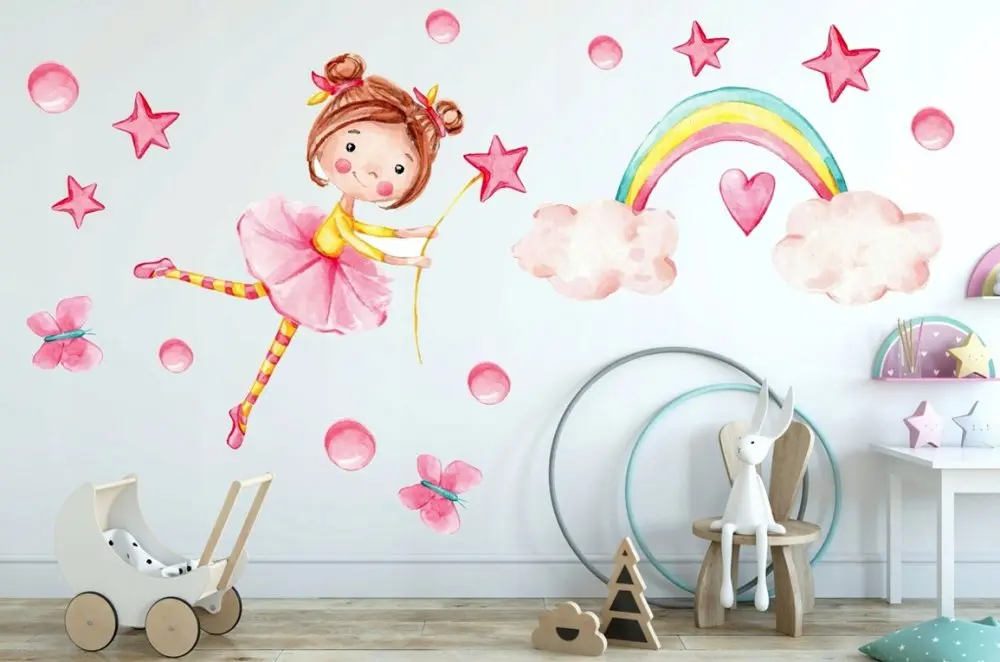 Roztomilá dětská barevná nálepka na zeď holčička s duhou 100 x 200 cm
