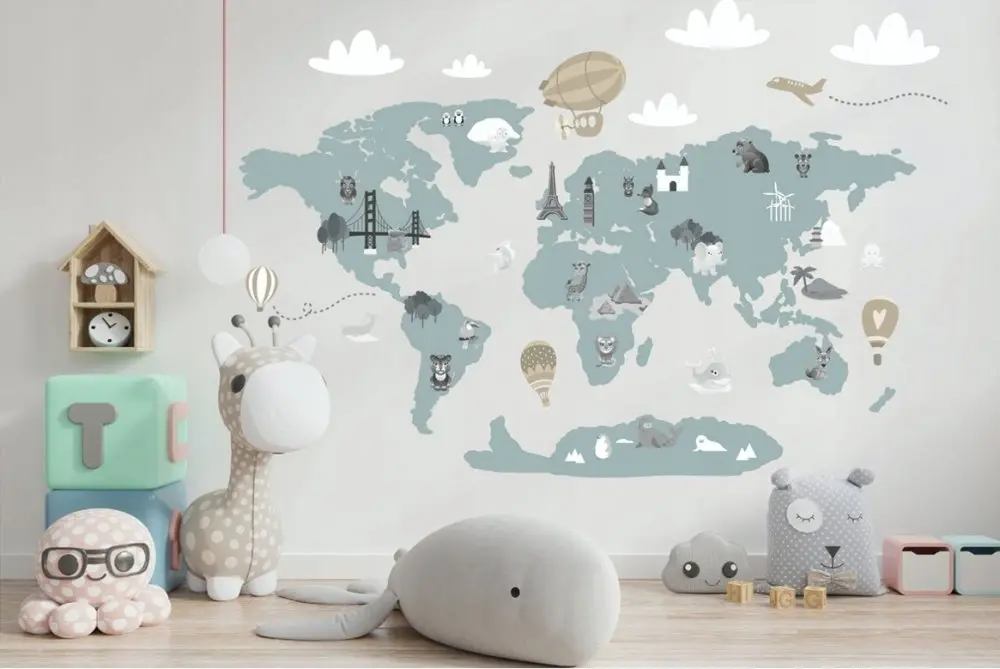Moderní dětská nálepka na zeď v jemné pastelové barvě mapa světa 80 x 160 cm