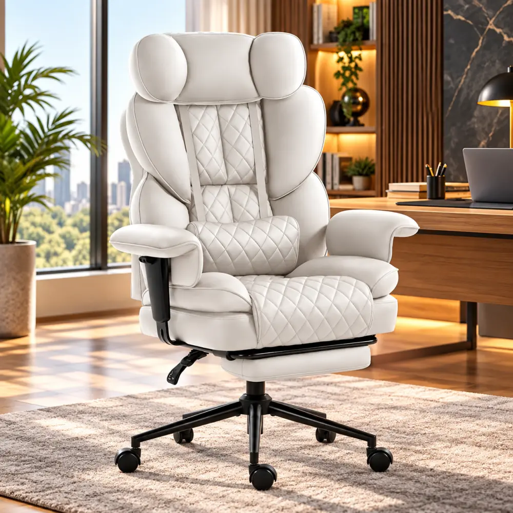 Luxusní ergonomické kancelářské křeslo HC-1037 s podnožkou  – bílá ekokůže