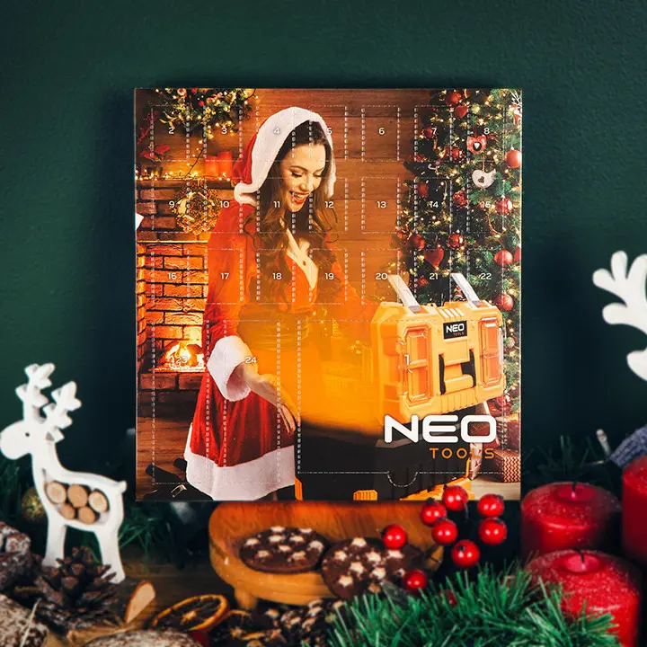 NEO TOOLS adventní kalendář pro kutily – sada bitů, nástrčných hlavic a přepínací ráčny