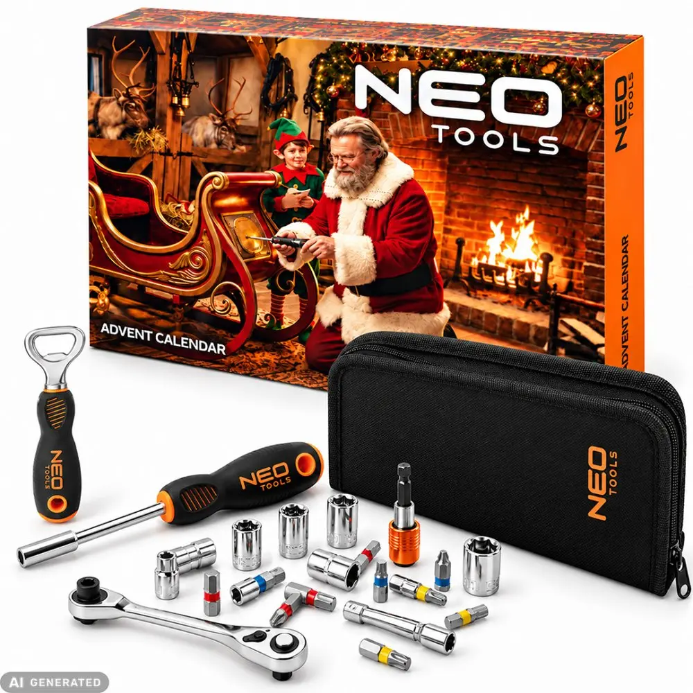Adventní kalendář NEO TOOLS – 38dílná sada bitů, nástrčných hlavic a mini ráčny