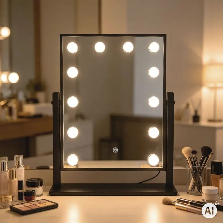 Černé kosmetické zrcátko v hollywoodském stylu s LED osvětlením a dotykovým ovládáním – 30 x 40 cm