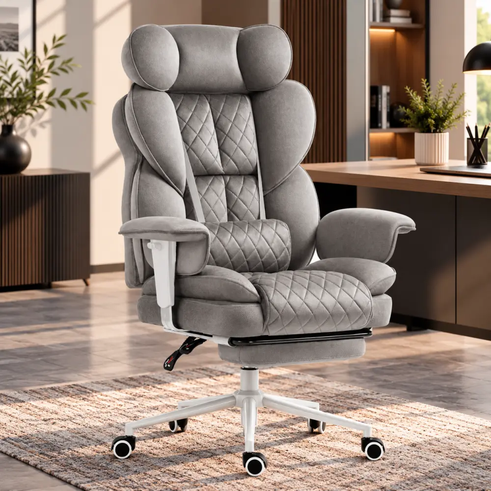 Ergonomická kancelářská židle HC-1037 s opěrkou nohou – šedá sametová látka