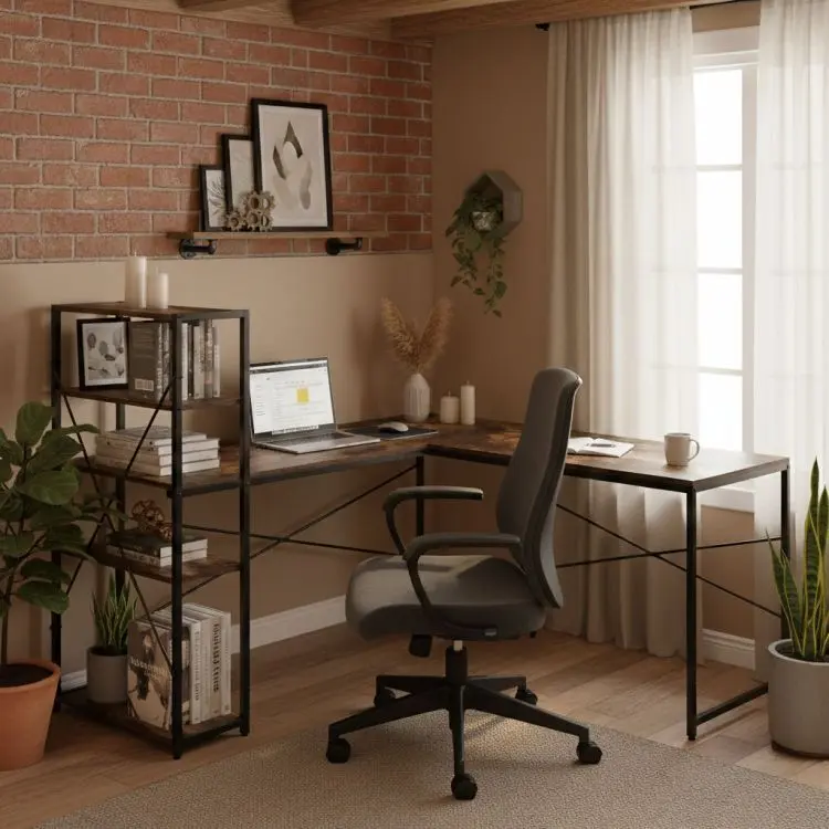 MODERNHOME Rohový psací stůl s regálem MASON 145x145 cm světlý dub