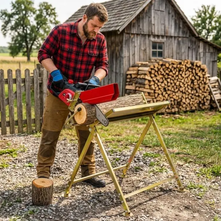 Stojan na řezání dřeva s držákem na řetězovou pilu – nosnost 120 kg
