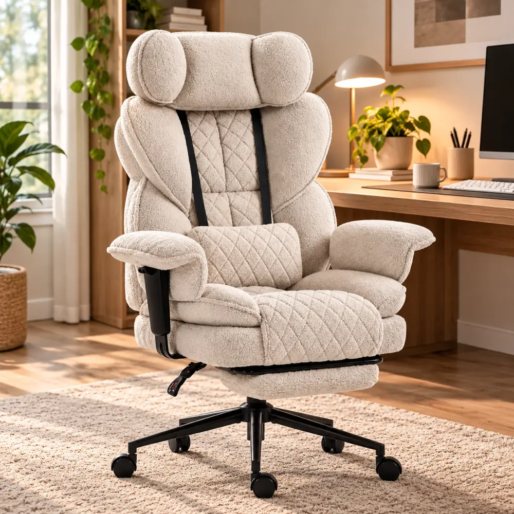 Ergonomické kancelářské křeslo HC-1037 s podnožkou – krémová látka Teddy