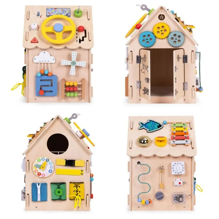 Dřevěný domek manipulační Ecotoys panel edukacyjny XXL 30 elementů