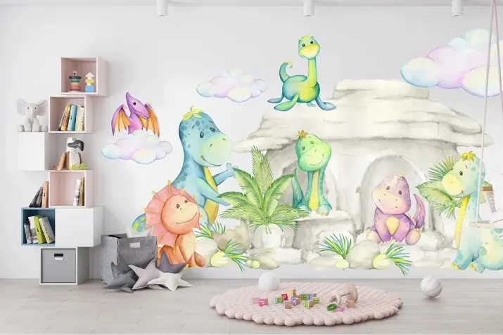 Samolepka na zeď pro děti kreslený svět dinosaurů