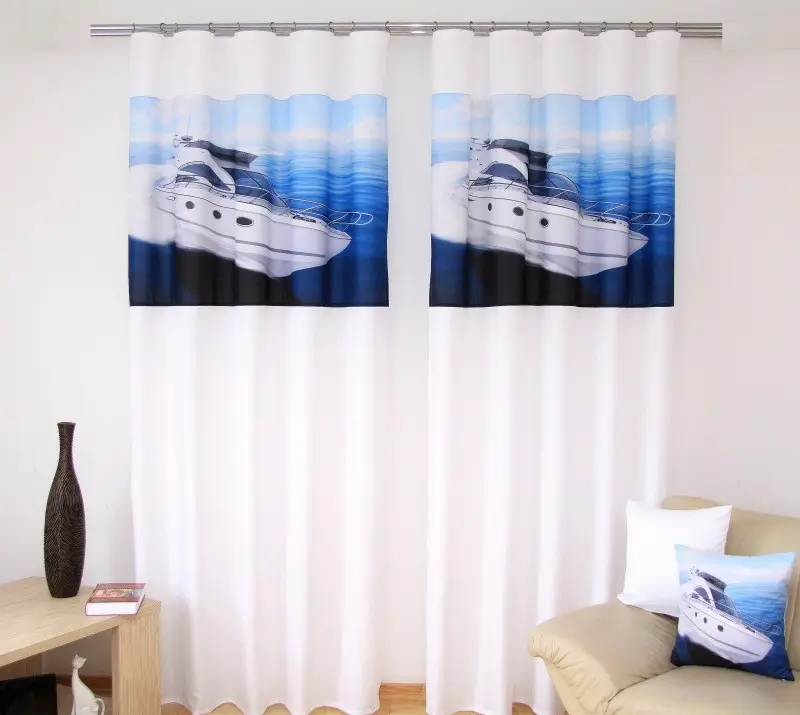Bílo modré stylové záclony s motivem lodě Šířka: 160 cm | Délka: 250 cm (v sadě jsou 2 kusy)