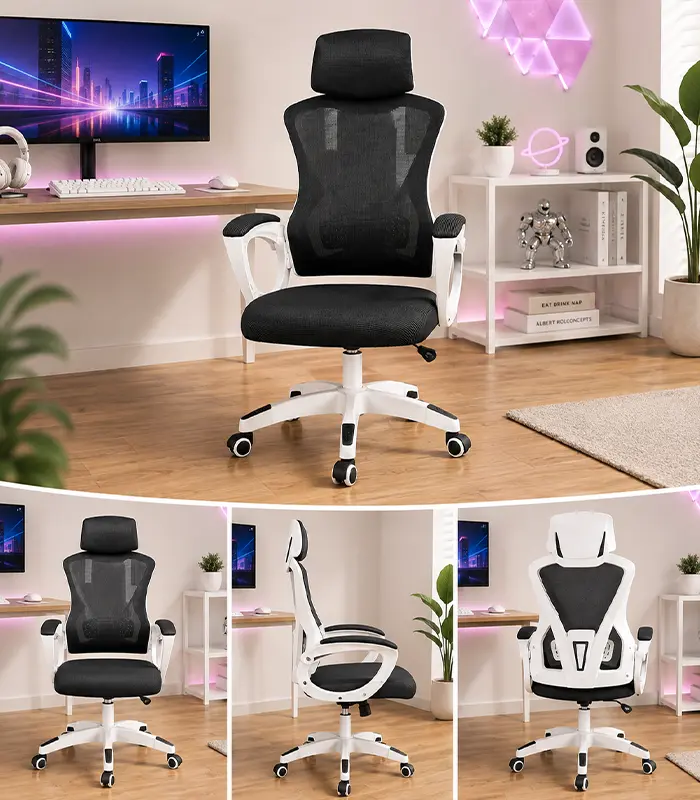 Ergonomická kancelářská židle s opěrkou hlavy a síťovaným opěradlem, černá s bílým rámem
