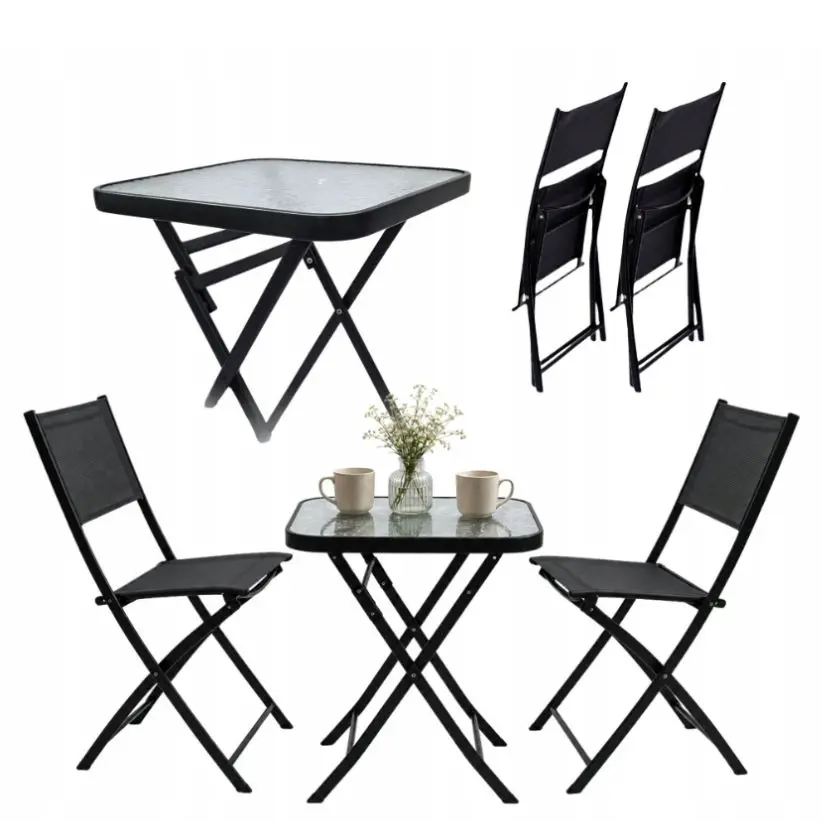 Balkonový zahradní set pro 2 osoby – skleněný stůl + 2 židle
