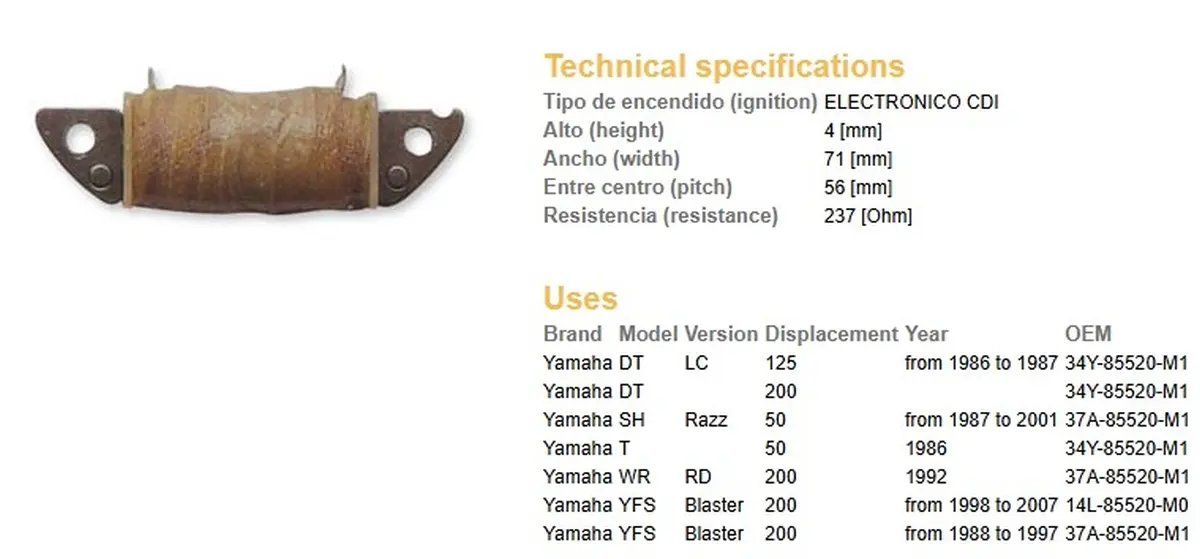DZE cívka vinutí YAMAHA DT 125LC '86-'87; DT 200; WR 200RD '92; YFS 200 BLASTER '88-'07 ( )