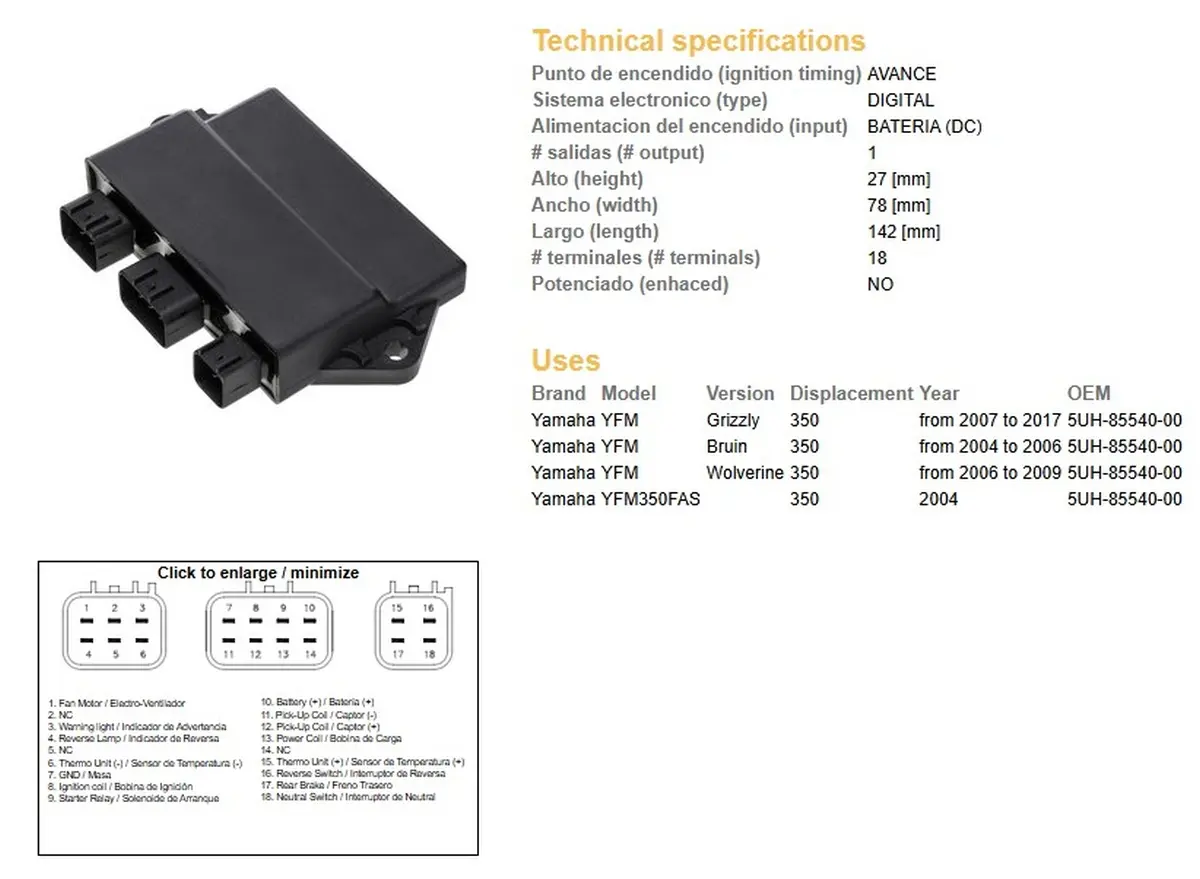 DZE jednotka zapalování CDI YAMAHA YFM 350 GRIZZLY 07-13; BRUIN 04-06; WOLVERINE 06-09 (5UH-85540-00) ( )