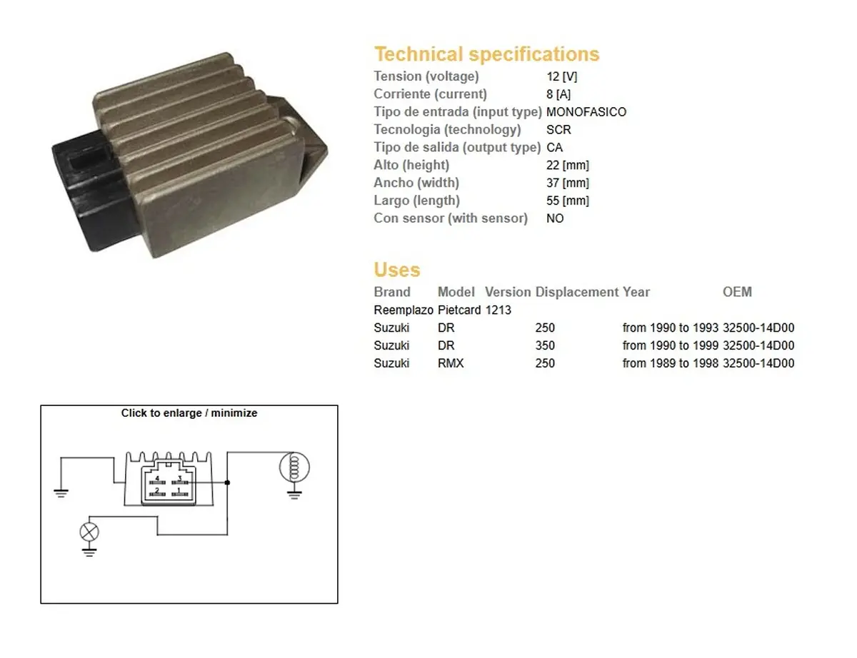 DZE regulátor napětí SUZUKI DR 250 90-93; DR 350 90-99; RMX 250 89-98 (32500-14D00) 12V/8A ( )