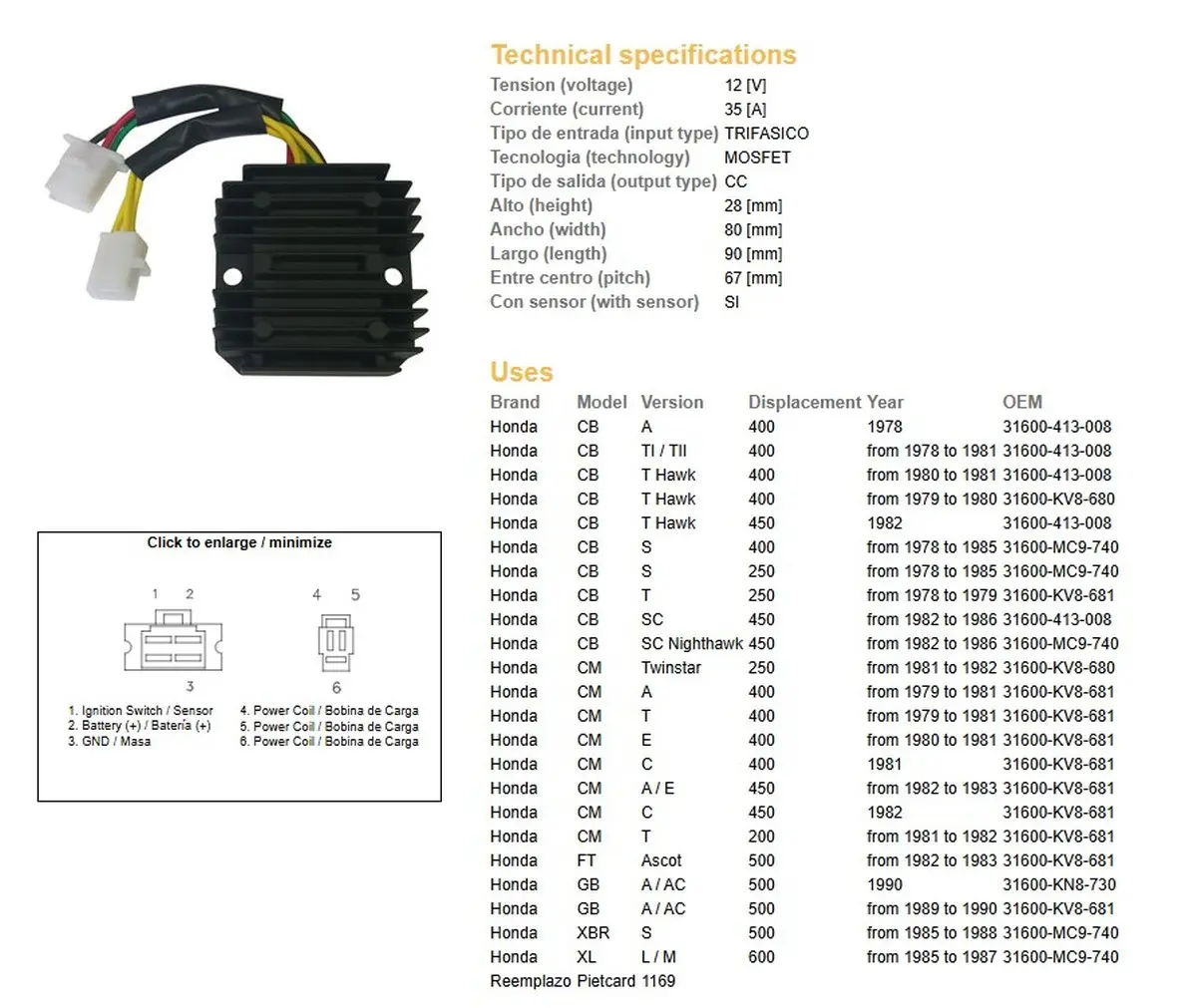 DZE regulátor napětí HONDA CB 250/400/450; CX 500; GL500; XL600/LM; XBR 500 (31600-413-008, 31600-MC9-740) (35A) (ESR180) (DZE regulátor napětí HONDA)