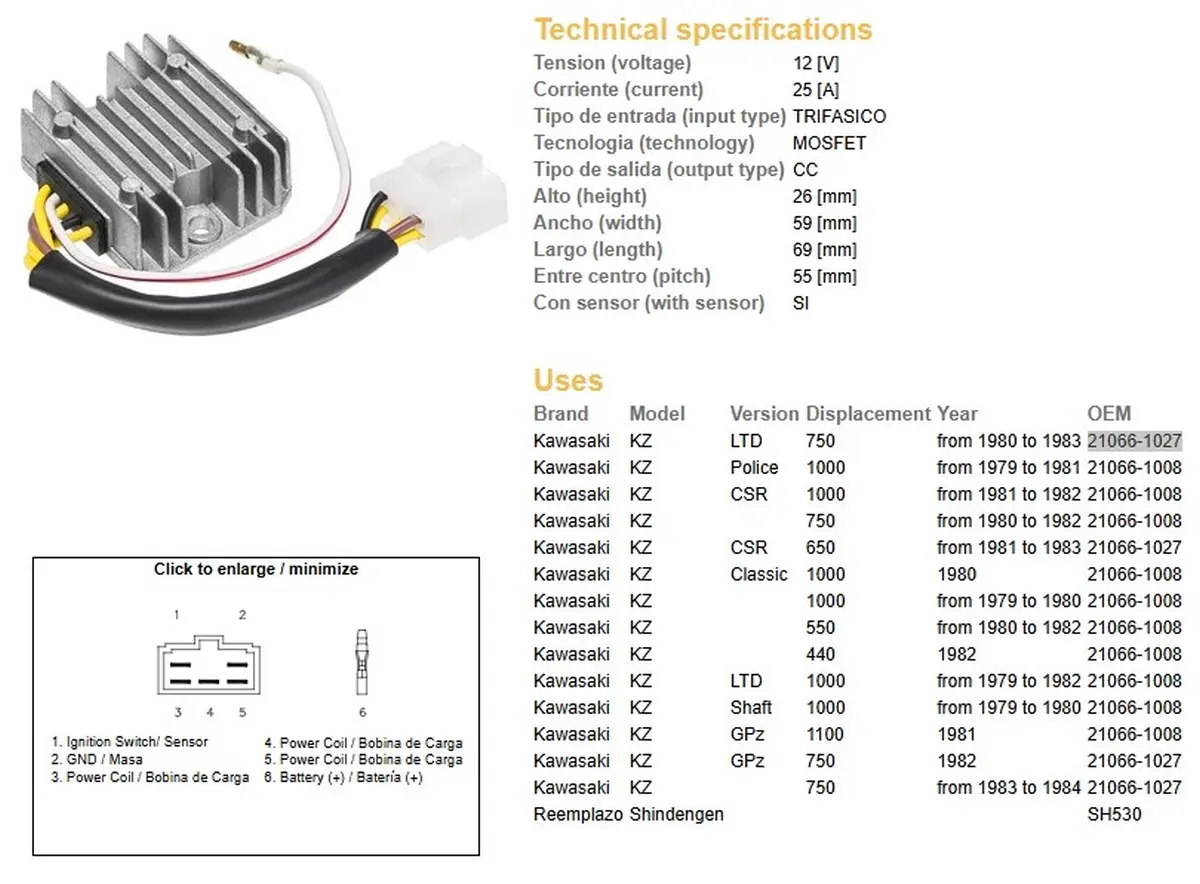 DZE regulátor napětí KAWASAKI KZ 550/650/750/1000 (ESR370,SH530-12K,21066-1008,RGU-406) ( )