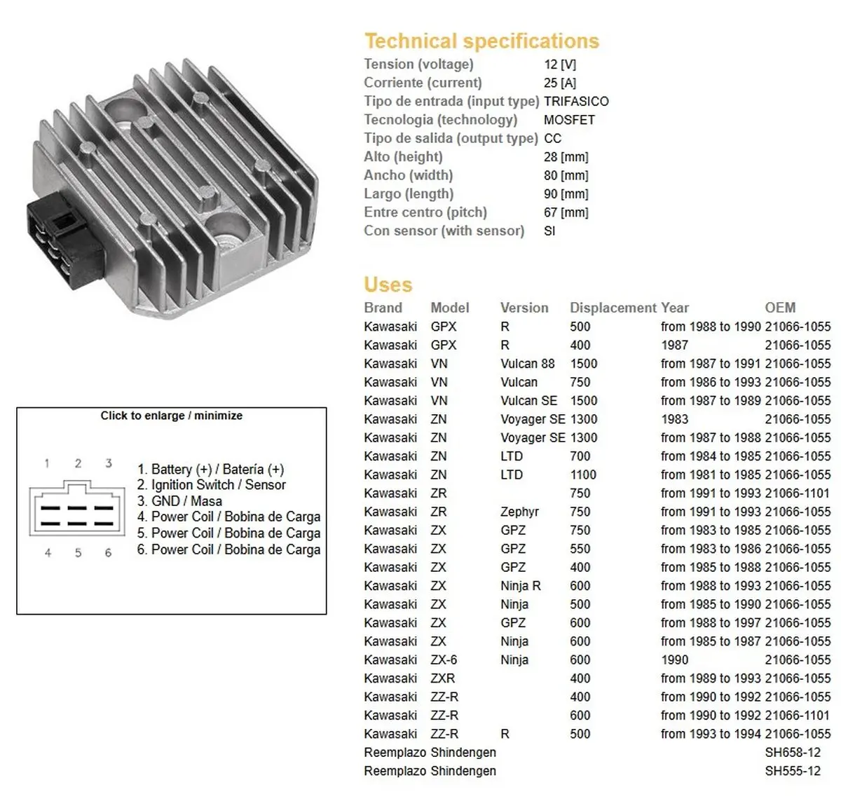 DZE regulátor napětí KAWASAKI VN 750/1500; ZN 700/1100; ZR 750 91-93; ZX 400/550/600; ZZ-R 400/500/600 (RGU-403, ESR260) (21066-1101) - nahrazuje