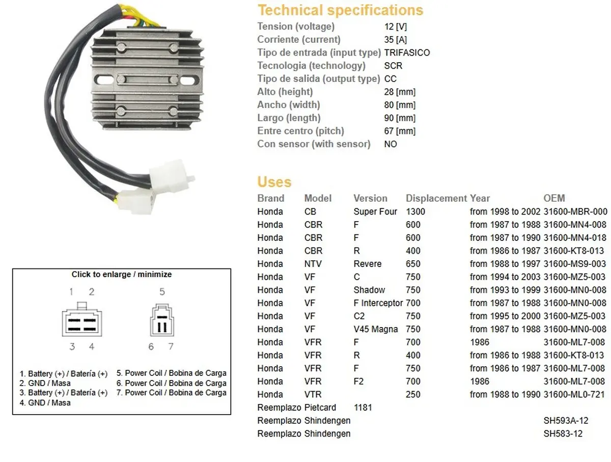 DZE regulátor napětí HONDA CBR 600F 87-90; CB 1300 98-02; NTV 650 REVERE 88-97; VF 700/750 87-03; VFR 400/750 86-88 (ESR530) (SH593A-12, SH583-12)