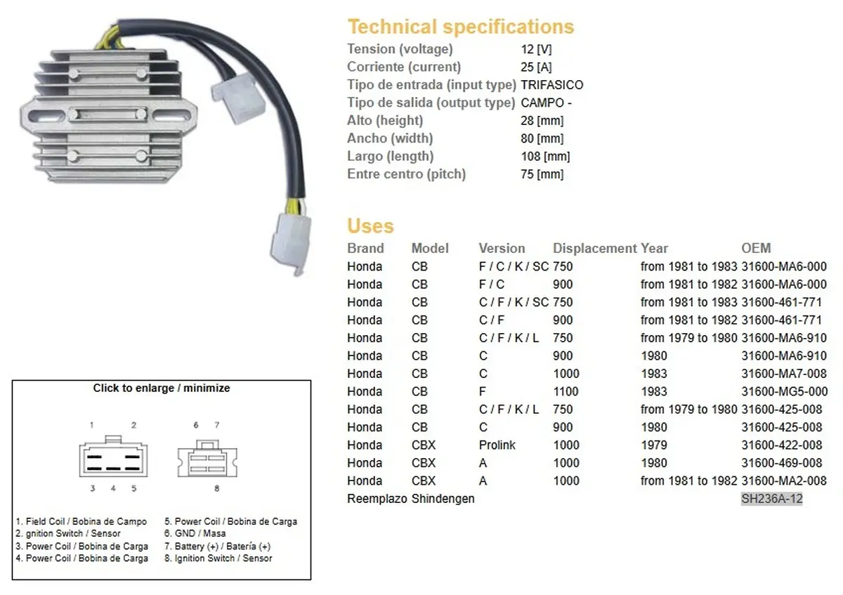 DZE regulátor napětí HONDA CB 750F/C/K 81-83; CB 900 81-82; CB 1000 83; CBX 1000A 81-82 (OEM-31600-MA6-000) (ESR210) (31600-461-771) (DZE regulátor)