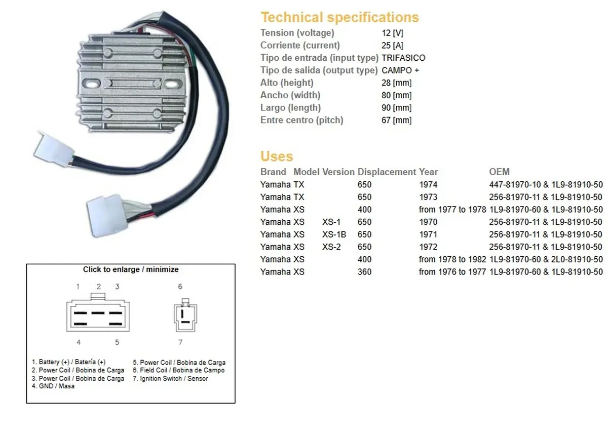 DZE regulátor napětí YAMAHA TX 650 73-74; XS 360 76-77; XS 400 78-82; XS 650 70-72 (447-81970-10-00) (ESR350) ( )
