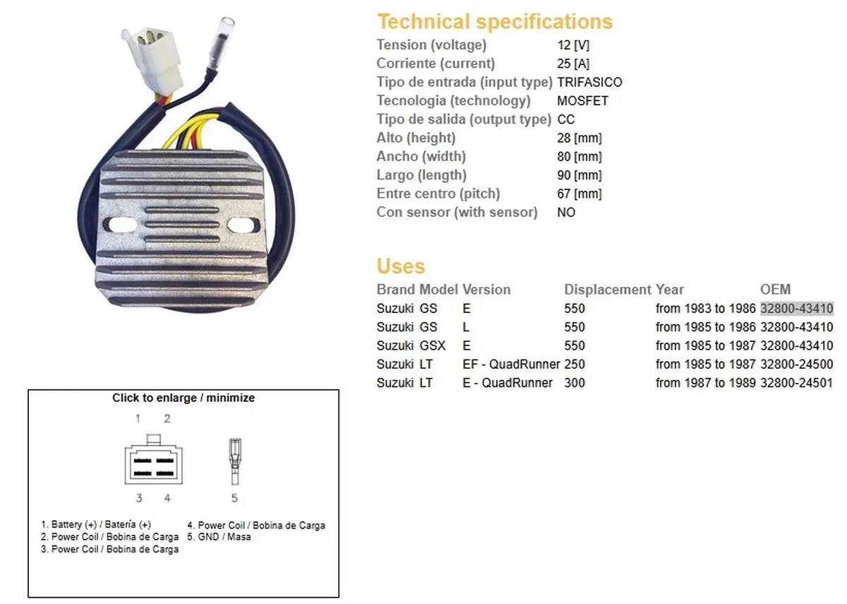 DZE regulátor napětí SUZUKI GS 550E/L 83-86; GSX 550E 85-87; LT 250EF QUADRUNNER 85-87; LT 300E QUADRUNNER 87-89 (ESR110) (32800-43410) ( )