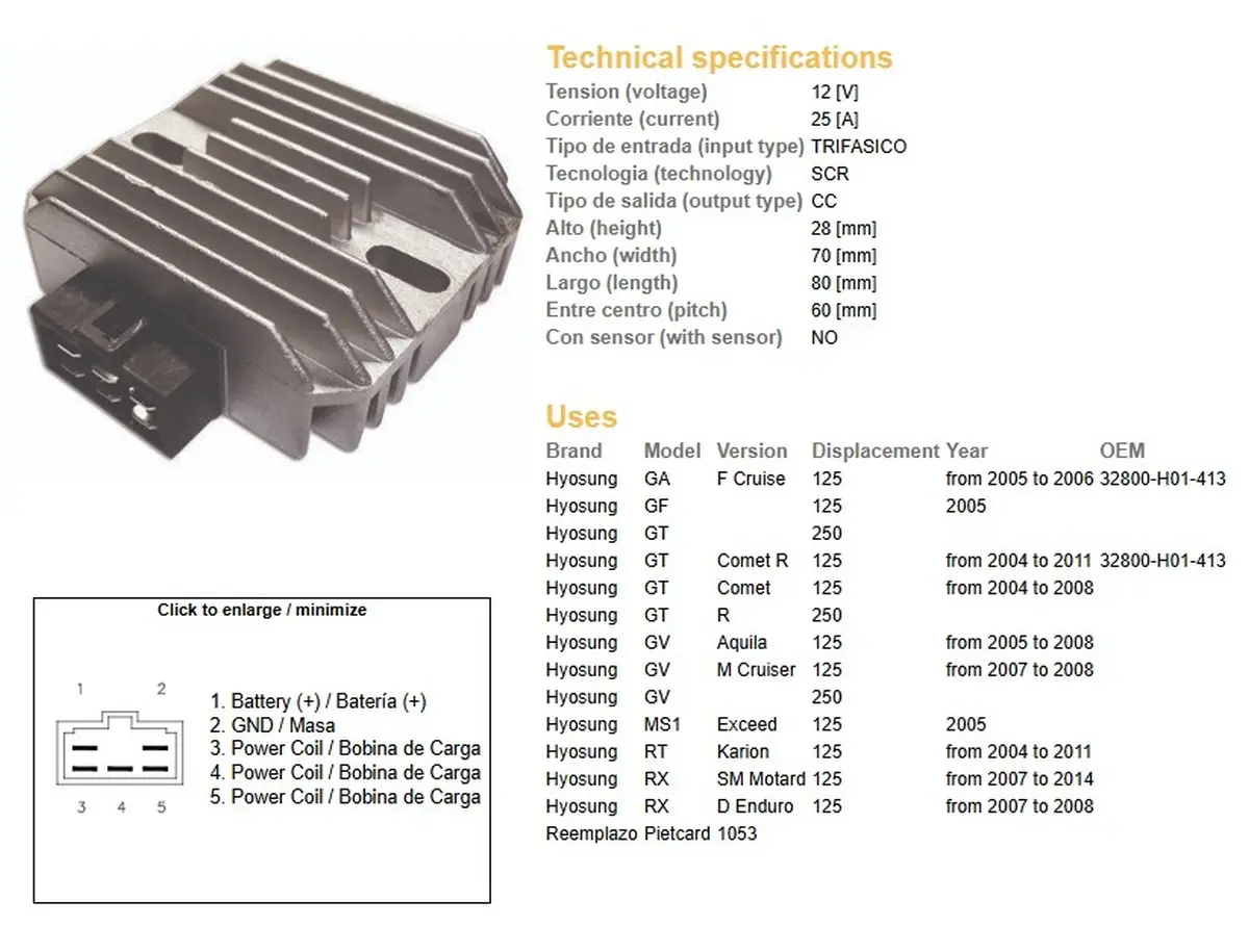 DZE regulátor napětí HYOSUNG GA/GF/GT/GV/RX 125 04-11 (32800-H01-413) (12V/25A) ( )
