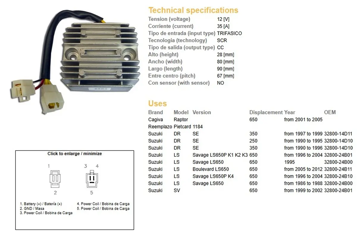 DZE regulátor napětí SUZUKI DR 250SE 90-95; DR 350SE 90-99; LS 650 SAVAGE 95-12; SV 650 99-02; CAGIVA 650 RAPTOR 01-05 (32800-24B01) (ESR123) (35A)