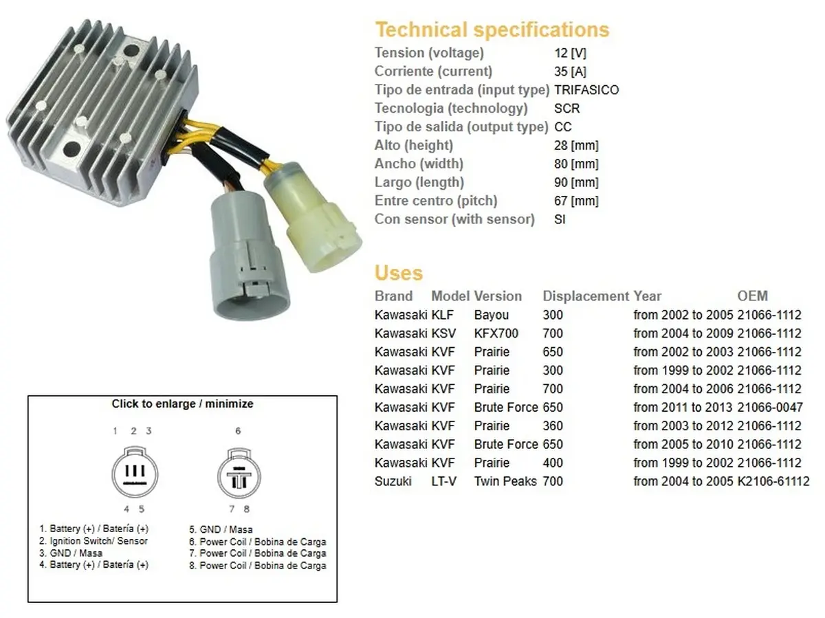 DZE regulátor napětí KAWASAKI KLF 300 BAYOU 02-05; KVF 300 PRAIRIE 99-02; KVF 650 BRUTE FORCE 05-10; KFX 700 04-09; SUZUKI LT-V 700 TWIN PEAKS 04-05
