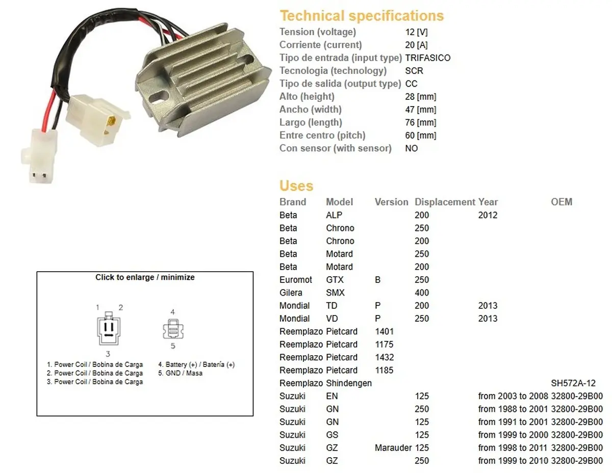 DZE regulátor napětí SUZUKI GN 125 91-01; GN 250 88-01; GS 125 99-00; EN 125 03-08; BETA (ESR142) (32800-29B00) (DZE regulátor napětí SUZUKI GN 125)