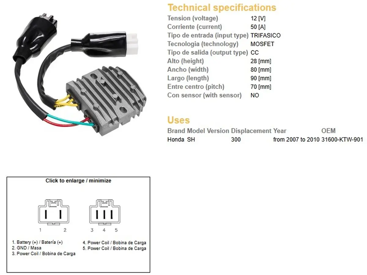 DZE regulátor napětí HONDA SH 300 07-10 (31600-KTW-901) MOSFET (50A) (DZE regulátor napětí HONDA SH 300 07-10 (31600-KTW-901) MOSFET (50A))