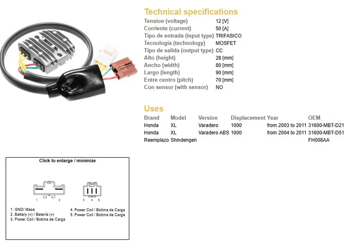 DZE regulátor napětí HONDA XL 1000V VARADERO 03-11 (31600-MBT-D21) MOSFET (50A) (FH008AA) (DZE regulátor napětí HONDA XL 1000V VARADERO 03-11)