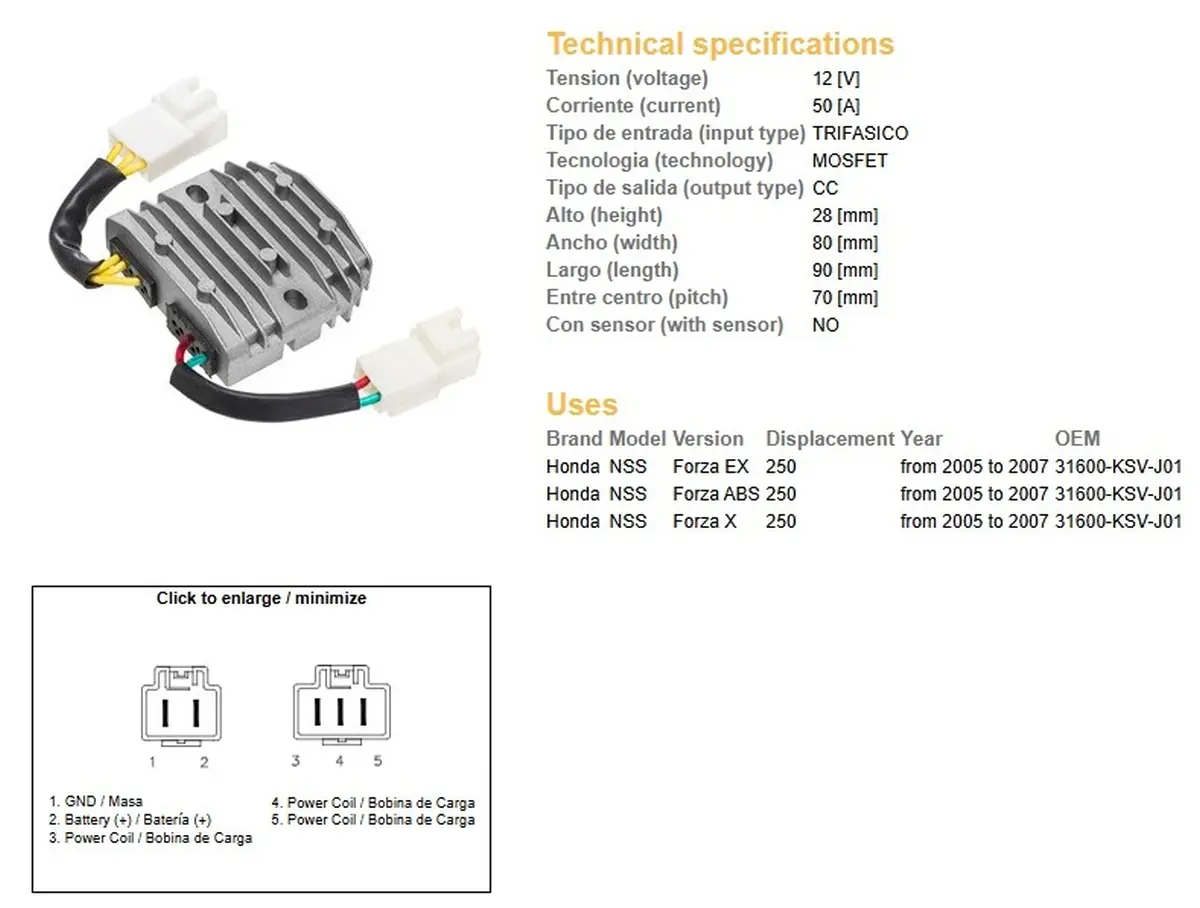 DZE regulátor napětí HONDA NSS 250 FORZA 05-07 (31600-KSV-J01) MOSFET (50A) (DZE regulátor napětí HONDA NSS 250 FORZA 05-07 (31600-KSV-J01) MOSFET)