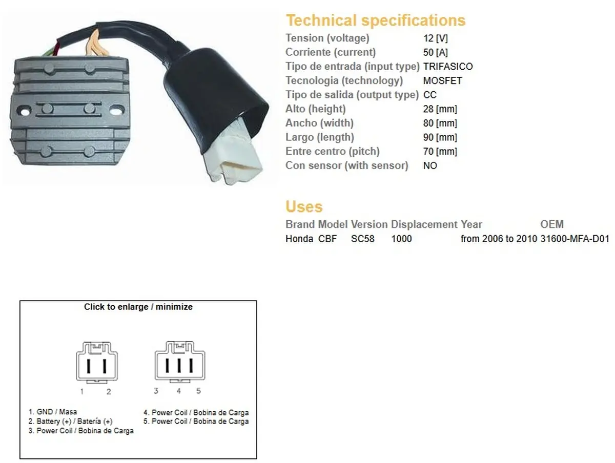 DZE regulátor napětí HONDA CBF 1000 06-10 (SC58) (31600-MFA-D01) MOSFET (50A) ( )