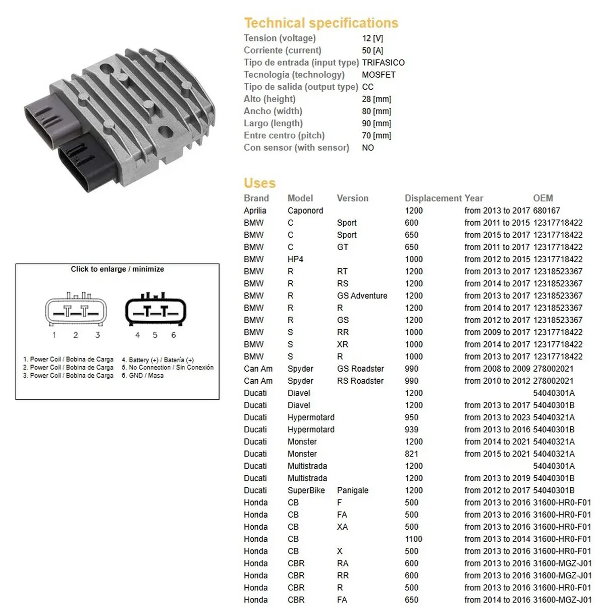 DZE regulátor napětí APRILIA; BMW; CAN AM; DUCATI; HONDA; KAWASAKI; SUZUKI; TRIUMPH; YAMAHA (50A) (DZE regulátor napětí APRILIA; BMW; CAN AM; DUCATI;)