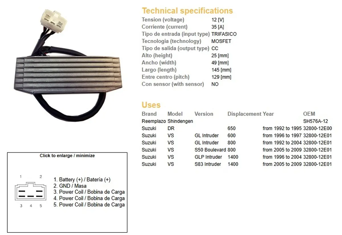 DZE regulátor napětí SUZUKI DR 650 92-95; VS 600 INTRUDER 96-97; VS 800 INTRUDER 92-04; VS 800 BOULEVARD 05-09; VS 1400 INTRUDER 96-09