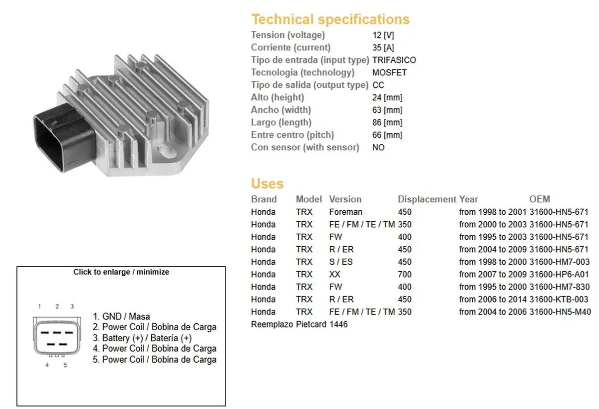 DZE regulátor napětí HONDA TRX 350FE/FM/TE/TM 00-06; TRX 400FW 95-03; TRX 450 FOREMAN 98-14 (ESR583) (31600-HN5-671) (35A) (DZE regulátor napětí)