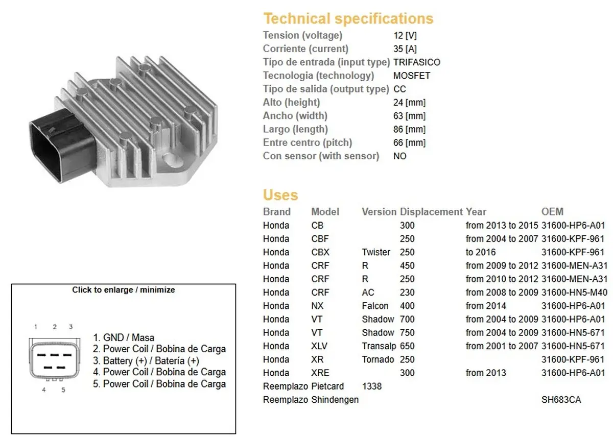 DZE regulátor napětí HONDA CB 300 13-15; CBF 250 04-07; CRF 250/450R 09-12; VT 700 SHADOW 04-09; VT 750 SHADOW 04-09; XL 650V TRANSALP 01-07